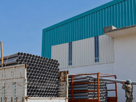 Factory exterior and pipe storage